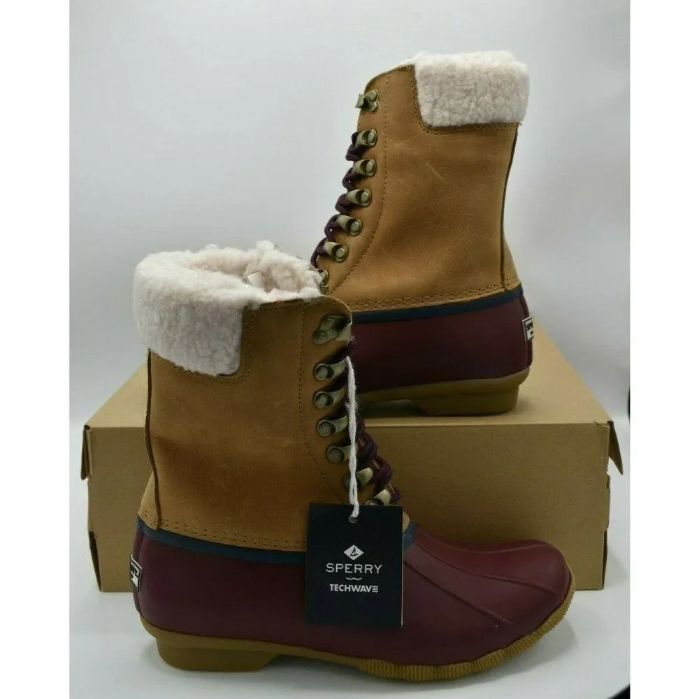 NWB Sperry Womens Size 7 M Saltwater Tall Leather Cozy‎ Tan Duck Boots STS85401